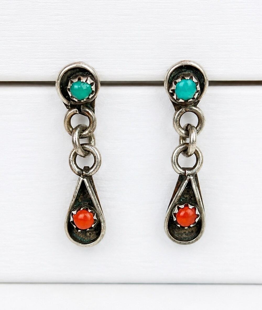 Navajo Sterling Silver Turquoise Coral Dangle Earrings Southwestern Western Boho